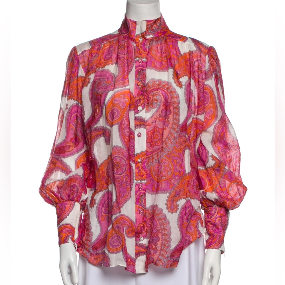 NWT! Zimmermann Peggy Orange/Pink Paisley Linen Button Down Long Sleeve Blouse - Picture 3 of 11